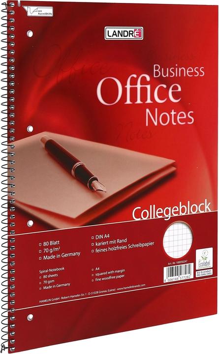 Landré A4+ Collegeblock (A4+, Kariert, Harter Einband)