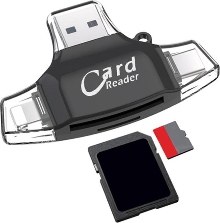 Actual product image Apfelkiste 4in1 mini card reader for SD/MicroSD - Lightning, USB C & Micro USB (Black)