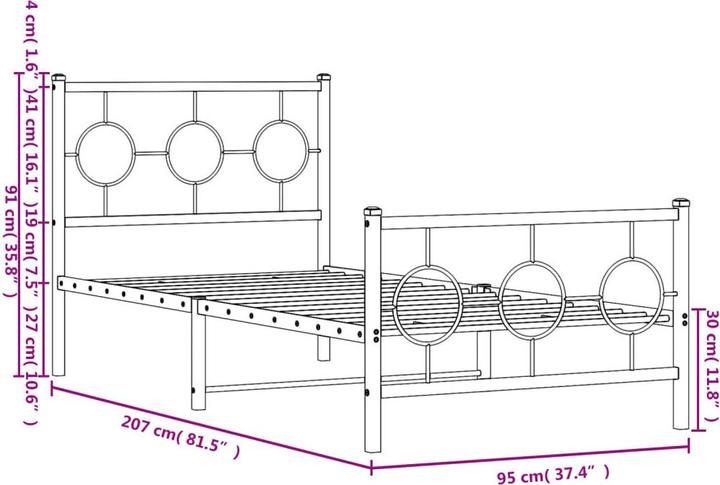 Produktbild VidaXL Bettgestell Kopfteil Fussteil Metallbett Bett Einzelbett Weiss 90x200cm (90 x 200 cm)