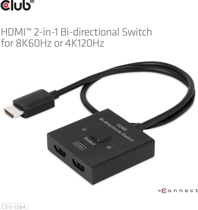 Produktbild Club 3D Club3D HDMI Switch 2-in-1 bidirektional 8K60Hz/4K120Hz UHD retail