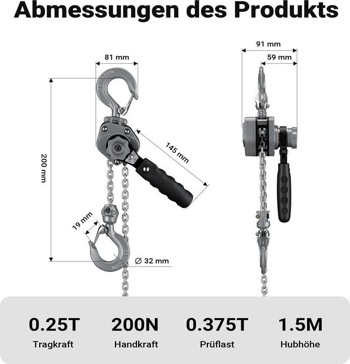 Image du produit Wiltec Mini Hebelzug bis 250kg Handkettenzug 1,5m Hubhöhe Kettenzug Hebezeug