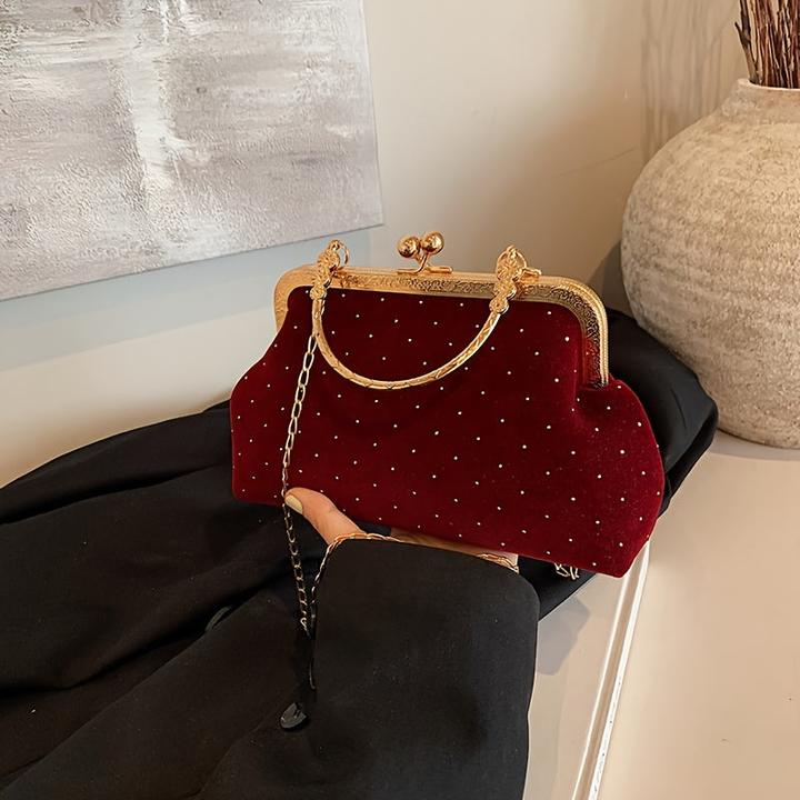 Only-Bags.Store Elegante Samt Abend Clutch mit Kiss Lock - Vintage-inspirierte Kette Crossbody Bag, perfekt für