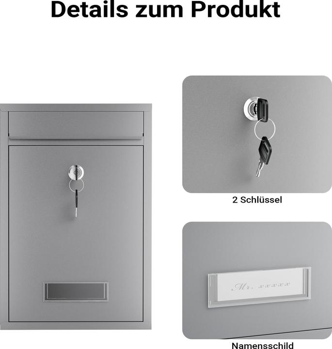 Produktbild Wiltec Briefkasten V11 Postkasten Namensschild 2 Schlüssel Stahl