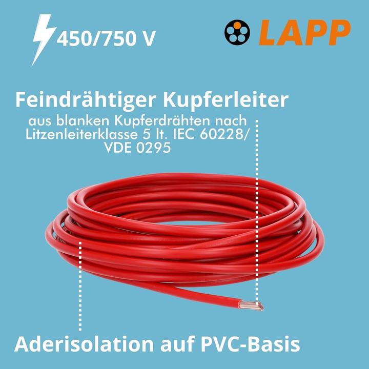 Immagine prodotto Lapp 5 metri 4520046 H07V-K 16,0 mm² rosso I Cavo di cablaggio I Cavo a nucleo flessibile I Cavo singolo (5 m)