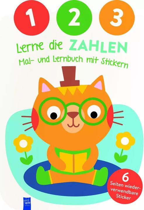 Actual product image 1,2,3 - Learn the numbers - colouring and learning book with stickers (cover cat) (German)