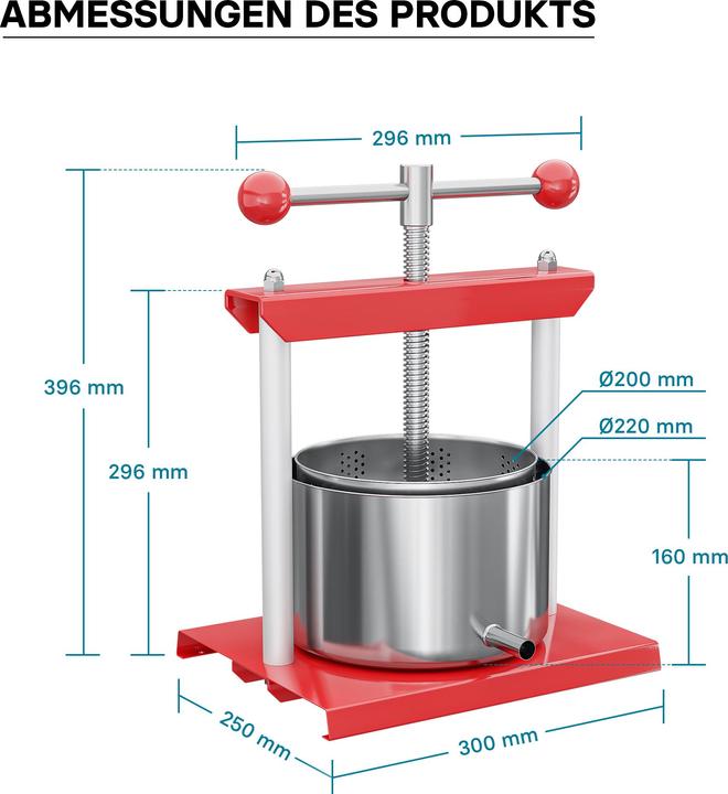 Produktbild Wiltec Obstpresse Weinpresse Stahl 6L Edelstahlkorb Fruchtpresse Beerenpresse