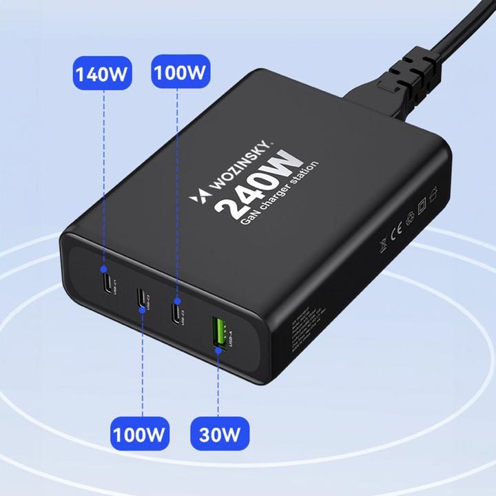 Image du produit Wozinsky WGCSB 240W GaN chargeur mural USB-A / 3 x USB-C - noir (240 W)