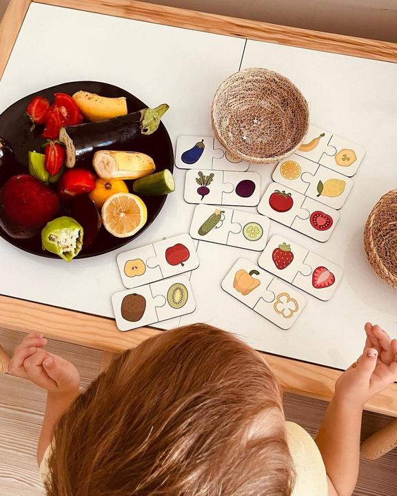 Immagine prodotto Activity Board Puzzle di frutta e verdura in legno, puzzle da 2 pezzi, materiale didattico, schede per la scuola (20 pezzi)