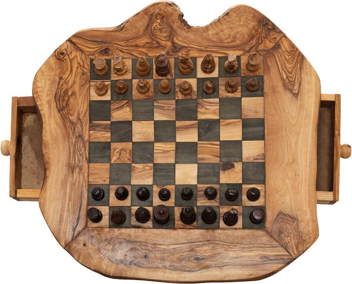 Natura Punto Scacchiera in legno d'ulivo con figure e piccolo cassetto, 40 x 40 cm, Made in Italy