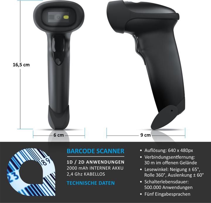 Actual product image Aplic Wireless barcode scanner, handheld scanner 2.4 GHz 1D 2D, 2000 mAh, barcode scanner incl. stand (1D barcodes, 2D barcodes)