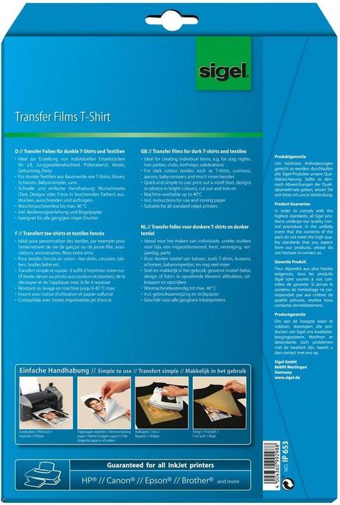 Immagine prodotto Sigel Pellicole di trasferimento InkJet per magliette (250 g/m², 6 x)