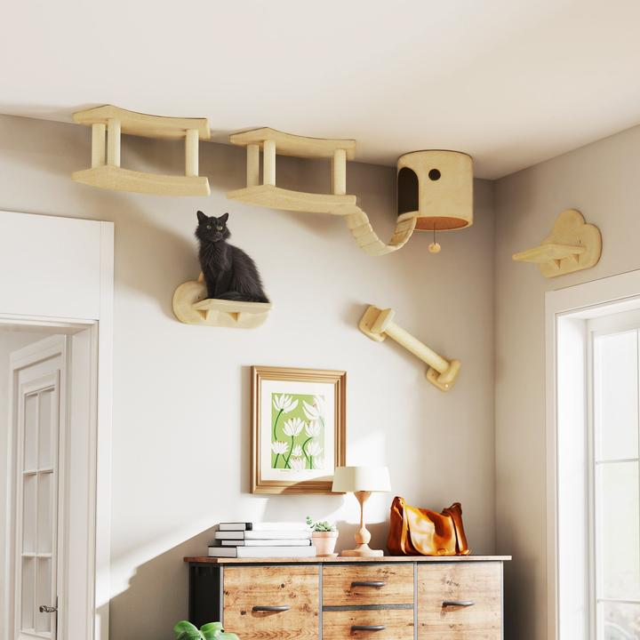 Image du produit PawHut Katzen Kletterwand Set Spanplatte, Plüsch Beige (54 cm, Beige+Blanc crème)