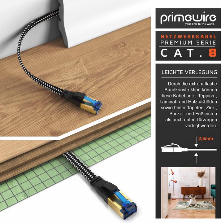 Produktbild Primewire CAT 8 Netzwerkkabel Flach Baumwollmantel - LAN Patchkabel Datenkabel - Flachbandkabel - Verlegekabel (U/FTP, CAT8.1, 1 m)
