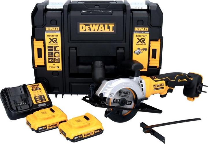 Image du produit DeWalt DCS 571 D2 Scie circulaire portative sans fil 18 V 115 mm Brushless + 2x batterie 2,0 Ah + chargeur