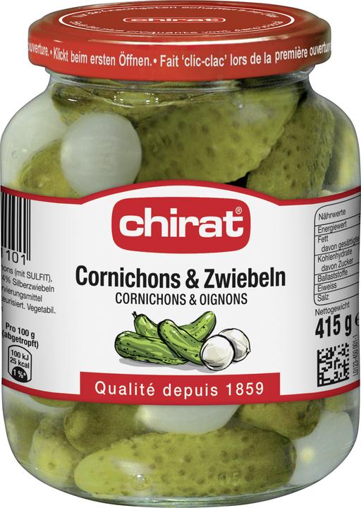 Chirat Essig Cornichons & Zwiebeln, Essig Gürkchen mit Silberzwiebeln, ideal zu Raclette, Fondue & Snack (685 g)