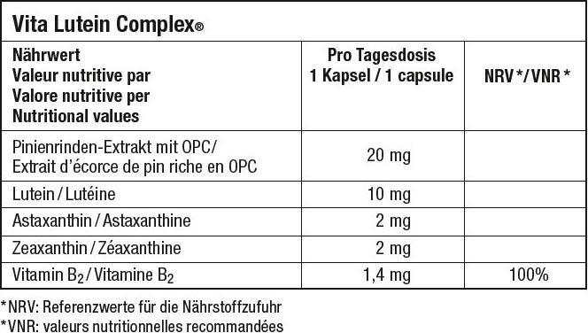 Valori nutrizionali e ingredienti Vita Lutein Complex mit Lutein  Astaxanthin  Heidelbeerpulver (60 Pezzo/i, Polvere, Pillole, 174 g)