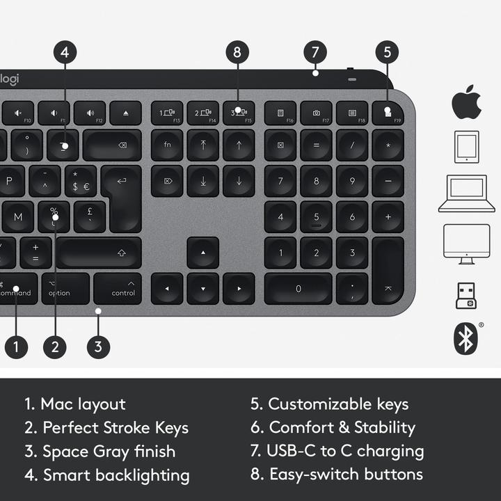 Produktbild Logitech MX Keys für Mac (CH, Kabellos)