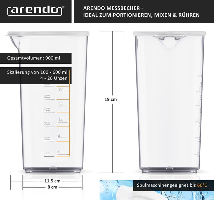 Produktbild Arendo Messbecher Kunststoff 600ml, ideal für elektrische Handmixer und Handrührer, Trinkbecher, 20 Unzen (600 ml)