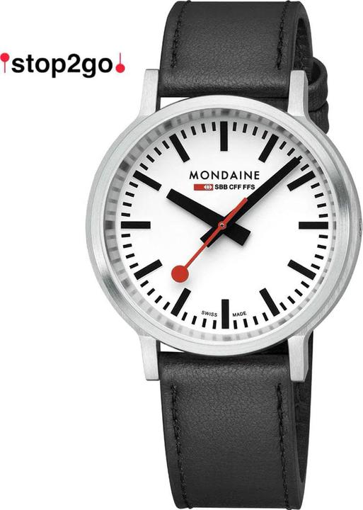 Produktbild Mondaine MST.4101B.LBV Stop2go Horloge - Stationsklok - Saffierglas - Staal/Kunstleer - Zilver/Zwart - 41 mm (41 mm)