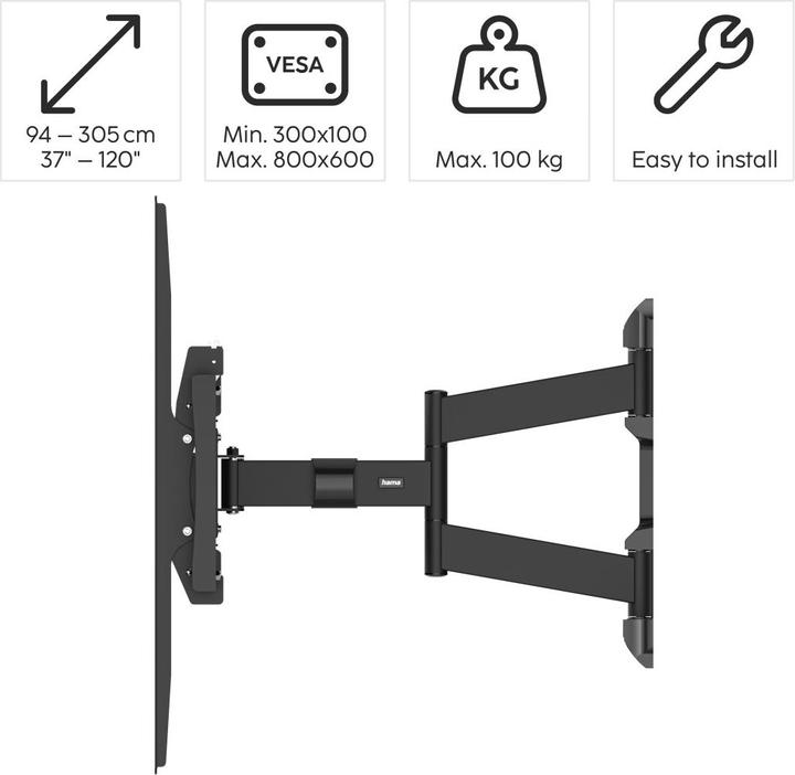 Image du produit Hama Support TV mural, pivotant, inclinable, extensible, 305cm (120"), jusqu'à 100 kg (Mur, 120", 100 kg)