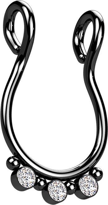 Star Piercing Fake Septum schwarz vier Kugeln drei Kristalle silber (Chirurgenstahl 316L mit Kristall)