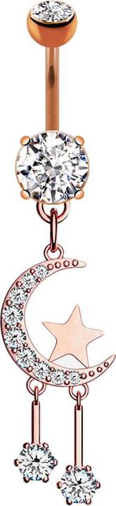 Actual product image Star Piercing Banana rose gold with two balls crystal silver pendant moon and stars (Brass, Surgical steel 316L)