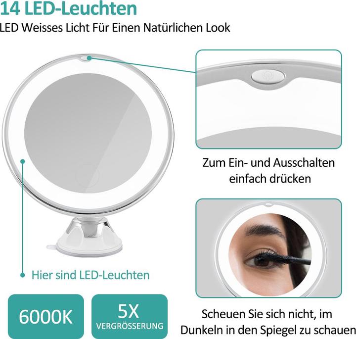 Produktbild Emke Kosmetikspiegel Mit Beleuchtung 5x VergrössErung, Starker Saugnapf, Blendfreier Led Licht, 175mm