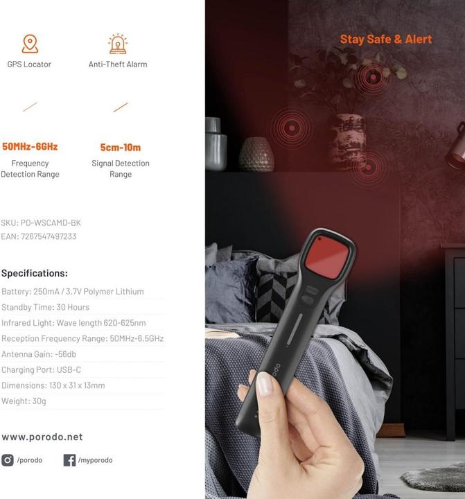 Image du produit Porodo Détecteur sans fil anti-mouchard 250mAh