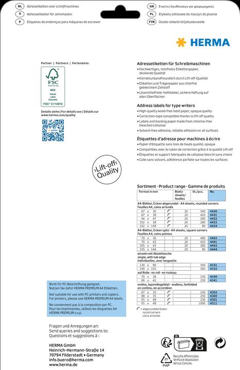 Produktbild HERMA Adressetiketten für Schreibmaschinen A4