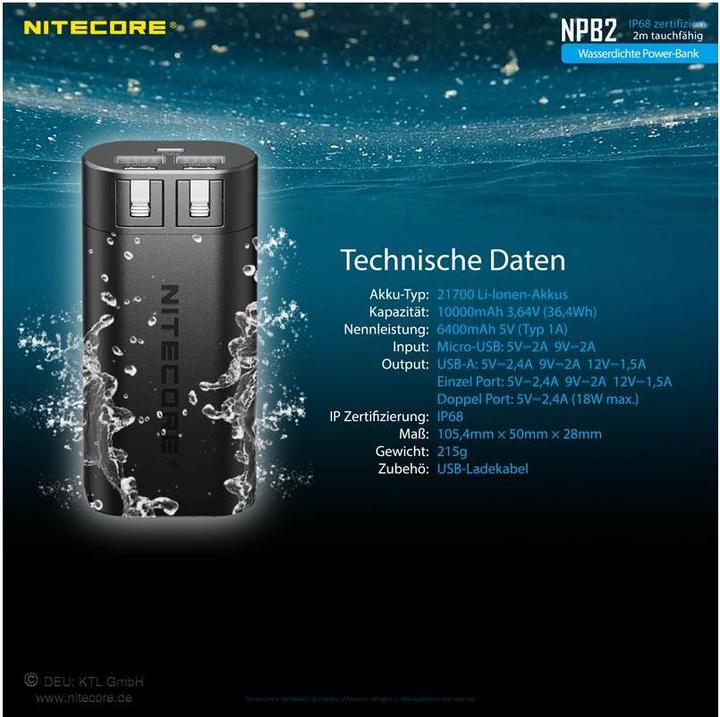 Produktbild Nitecore Powerbank NPB2 - 10000mAh, wasserdicht (10000 mAh, 18 W)