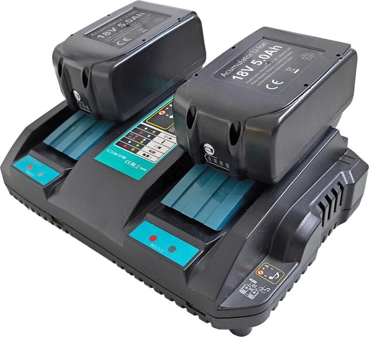 Actual product image PNI DCH218 dual battery charger with two USB ports, including 2 18 V 5 Ah batteries