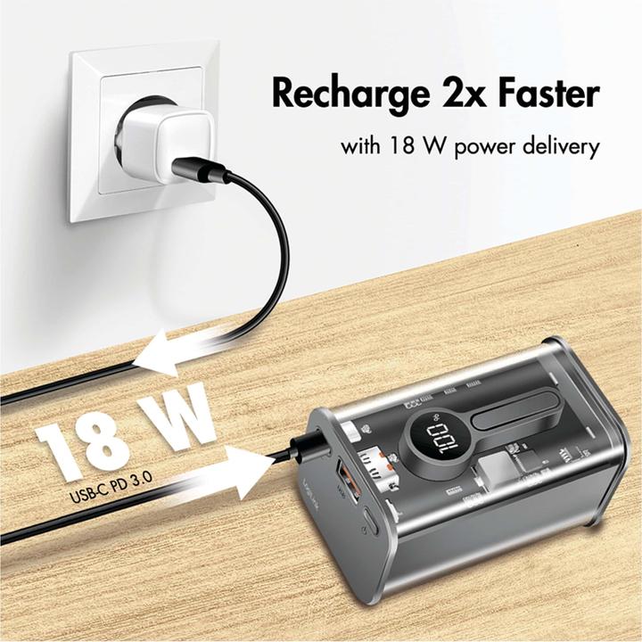 Actual product image LogiLink Powerbank 10000 mAh, 1x USB-A, 1x USB-C, with display, PD & QC, transp. (10000 mAh, 20 W, 37 Wh)