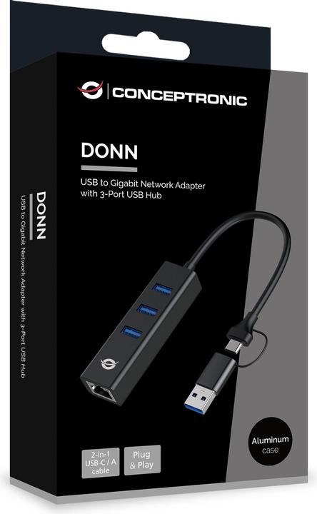 Immagine prodotto Conceptronic Adattatore USB3.0-> RJ45,3xUSB3.0,TypeC Ad 0,15m bw (USB-A, USB-C, 3 Porti)