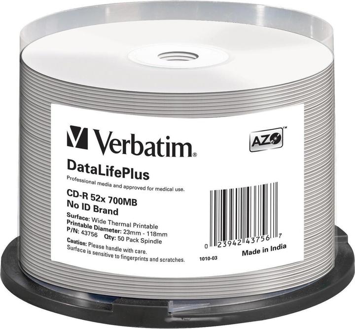 Actual product image Verbatim CD-R, 700MB, 52x, 50 wide thermal printable (50 x)