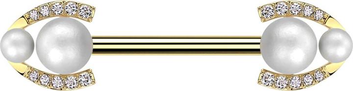 Star Piercing Barbell vergoldet mit zwei zwei Perlenkugeln silber Kristalle silber (Messing, Chirurgenstahl 316L)