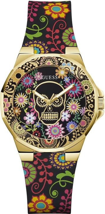 Guess P GLD CS W/ FLORAL TR / SUN BLK DIGITAL PRINT DL / BLK FLORAL SILICONE STRP Armbanduhr (38 mm)