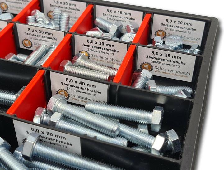 Produktbild Schraubenbox24 Sechskantschrauben Sortiment M8-M10 // 10mm-50mm 110 tlg. Schraubenbox DIN 933 (110 Schrauben pro Stück)