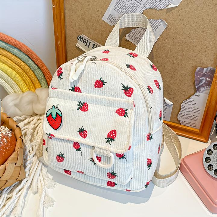 Actual product image Only-Bags.Store Niedliche Erdbeere Druck Samt Mini Rucksack, leichtes Polyester mit verstellbaren Riemen