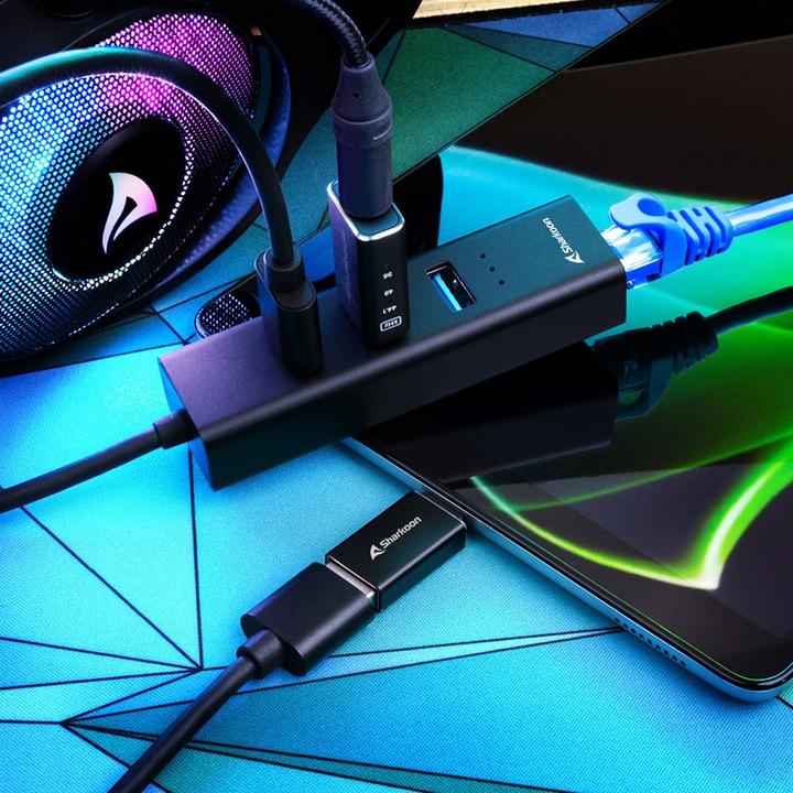 Produktbild Sharkoon HUB 3X USB 3.2 +RJ45 ALU BLACK (USB-C, 3 Ports)