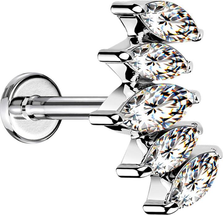 Actual product image Star Piercing Micro Labret internal thread silver compartments with five crystals silver (without brass, Surgical steel 316L)