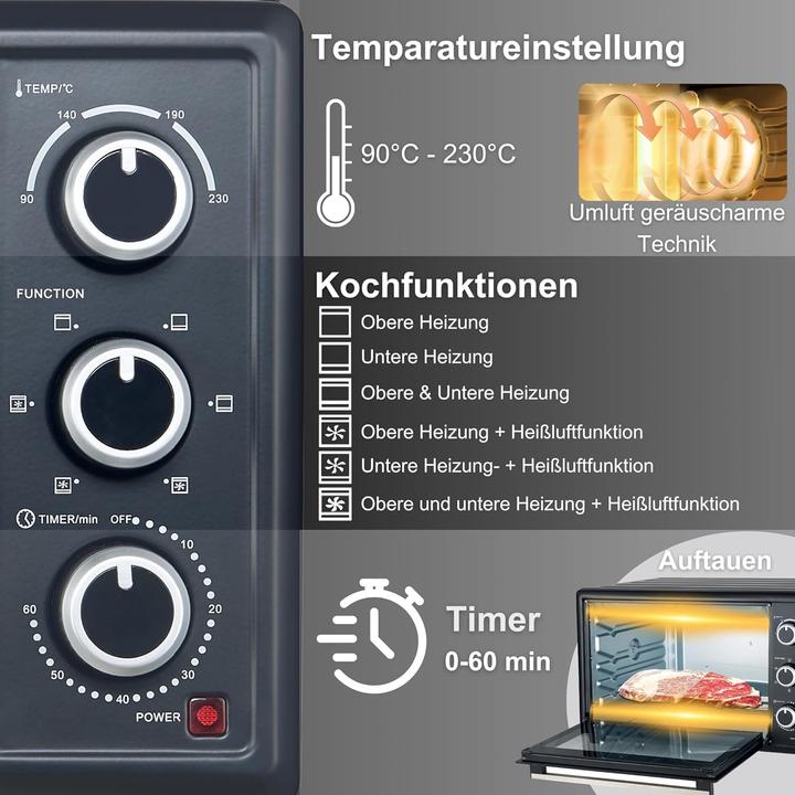 Produktbild OptimumX Vrijstaande Mini Oven 20L Convestie Mini Oven Hetelucht -Timer - Zwart )