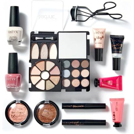 Technic Cosmetic Bag Set Full Make Up Kit 14 Mini Essentials for Eyes Lips Face Nails in a Portable Storage
