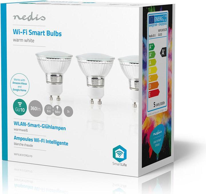 Image du produit Nedis Ampoule LED SmartLife | Wi-Fi | GU10 | 330 lm | 5 W | Blanc chaud | 2700 K | Classe énergétique : A+ (GU10, 5 W, 330 lm, 3 x, G)