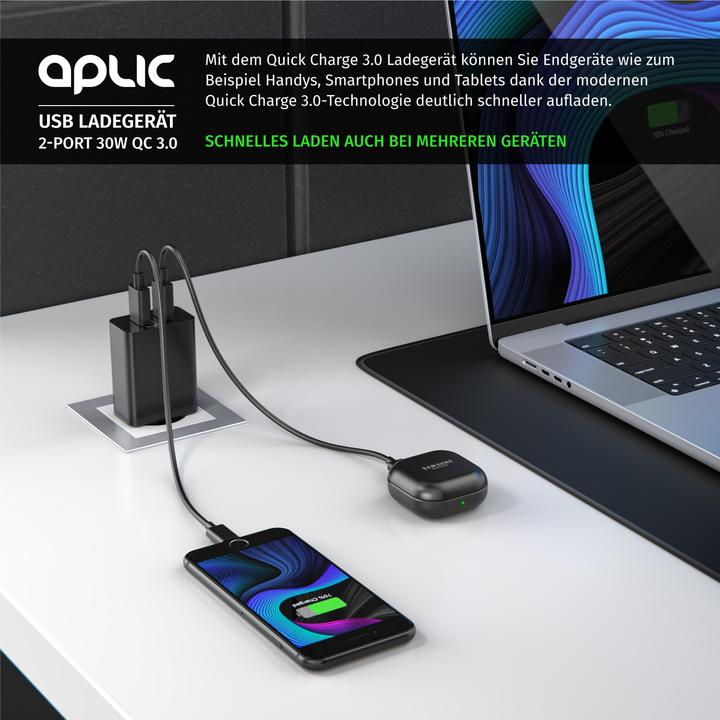 Produktbild Aplic USB Ladegerät 3000 mA, 2 Port, 30W, Quick Charge 3.0 (QC 3.0) Schnelladefunktion, schwarz (30 W)