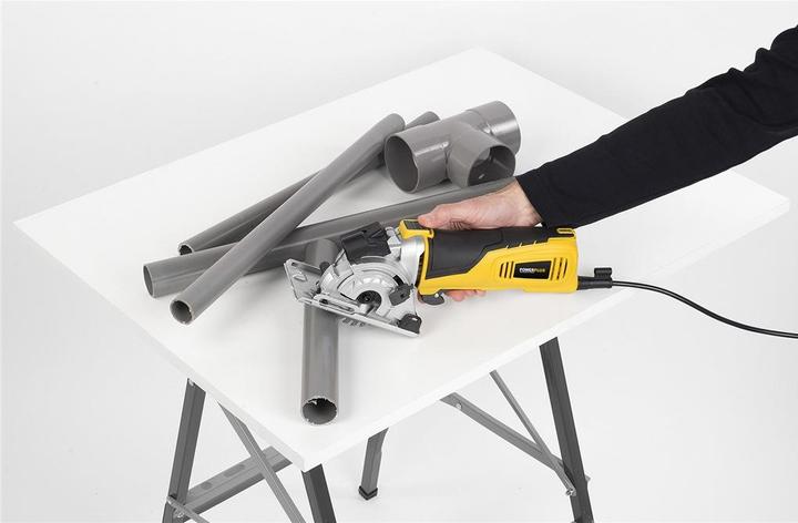 Produktbild Powerplus POWX1365MB Kreissäge - 600W - 89mm - Inkl. Laser, Absaugung, 3 Kreissägeblätter und Gehrungslade