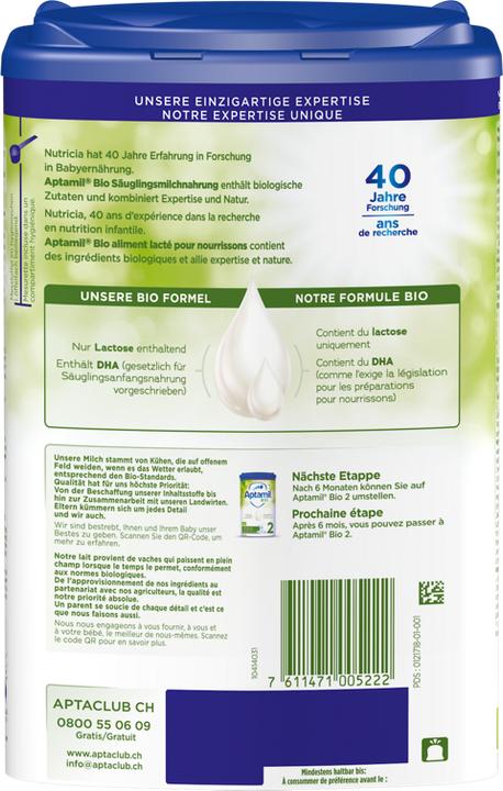 Valori nutrizionali e ingredienti Aptamil Organico 1 (800 g, dalla nascita)