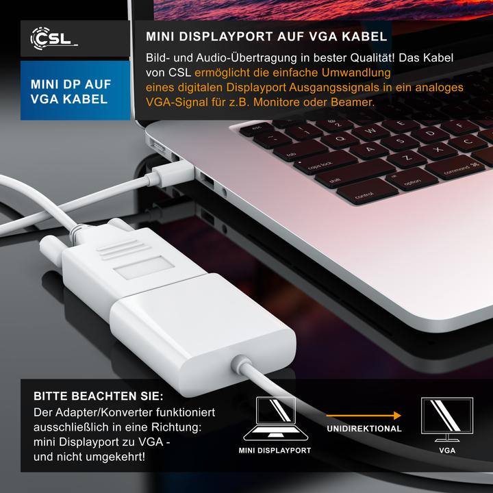 Image du produit CSL Câble vidéo audio mini Displayport vers VGA, adaptateur de moniteur miniDP / compatible Thunderbolt (3 m, DisplayPort, VGA)