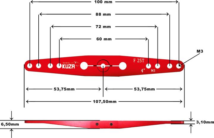 Produktbild Kuza Servohebel 2-Arm Futaba 25T 100/88/72/ 60mm 4" M3 Heavy Duty V2 Aluminium