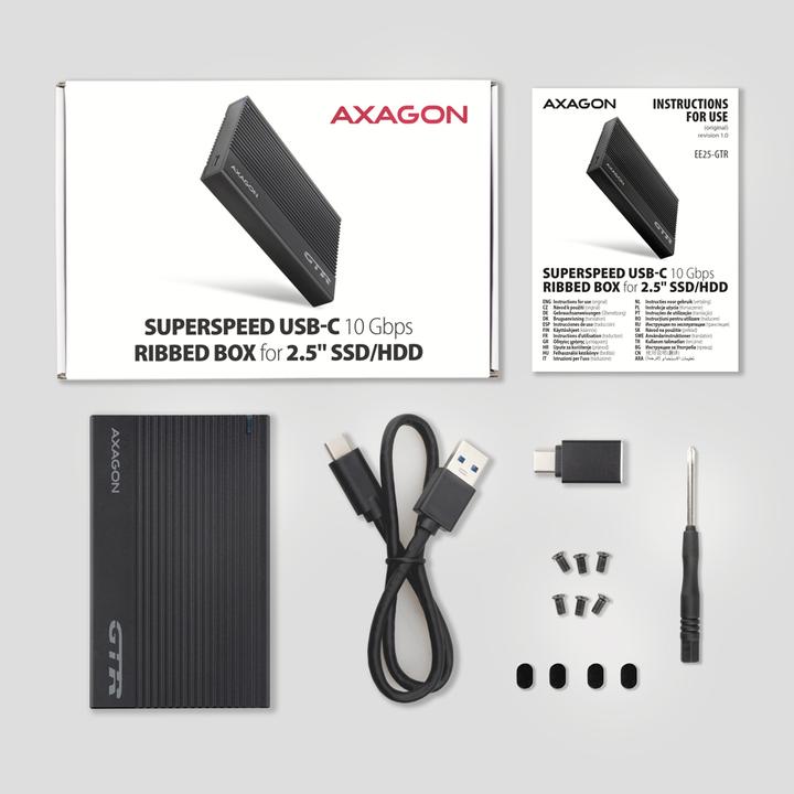 Actual product image Axagon EE25-GTR USB-C 3.2 Gen 2 - SATA 6G, 2.5" external hard drive enclosure, corrugated - black (2.5")