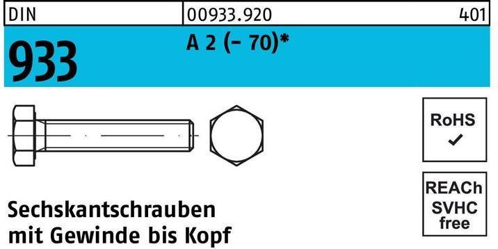Productafbeelding Zeskantkopschroef DIN 933 VG M 8 x 170 A 2 (- 70) (50 Schroeven per stuk)